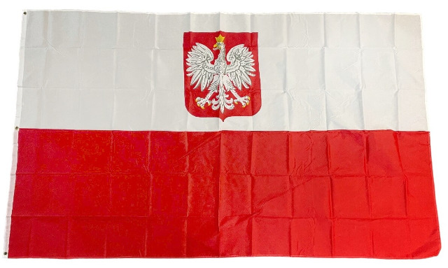Flagge Polen mit Wappen 150 x 250 cm Fahne mit 3 Ösen 100g/m² Stoffgewicht Poland, Polski, Polen Wappen, Staatswappen Fahne, Sturmflagge