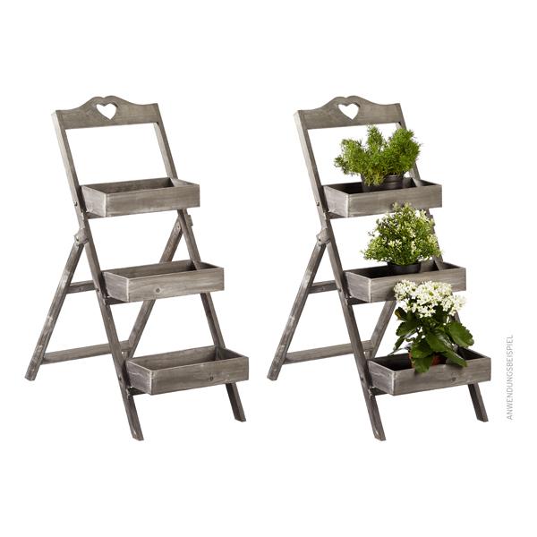 Pflanztreppe mit Herz, Holz, dreistufig, grau, ca. 80cmH