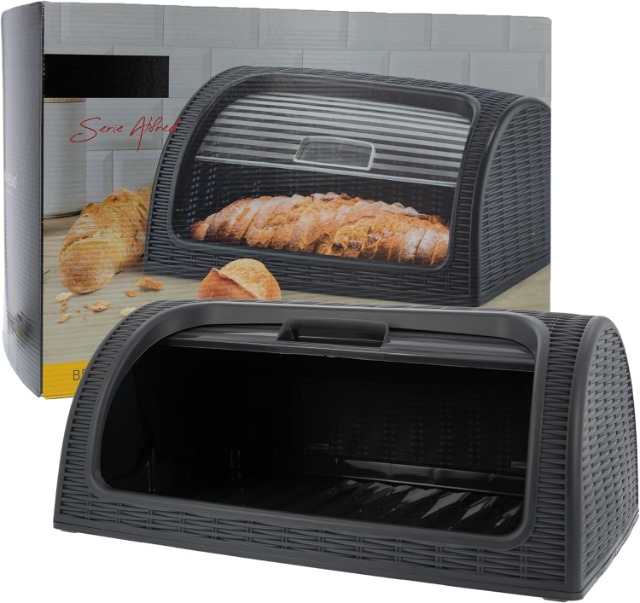 Brotkasten aus Kunststoff, Aufbewahrung für Backwaren, 41 x 26 x 18 cm, stilvolle Brotbox, Brot frisch aufbewahren, grau anthrazit