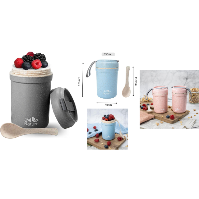 Müslibecher Snackbecher Joghurtbecher Becher To Go mit Deckel und Löffel Auslaufsicher in grau, blau und rosa