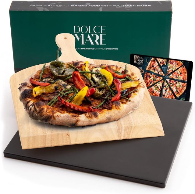 DOLCE MARE Pizzastein / Brotbackstein schwarz 38x30cm Inkl. Holz-Pizzaschieber in Designbox verpackt - Bis 900 grad, für Grill und Backofen