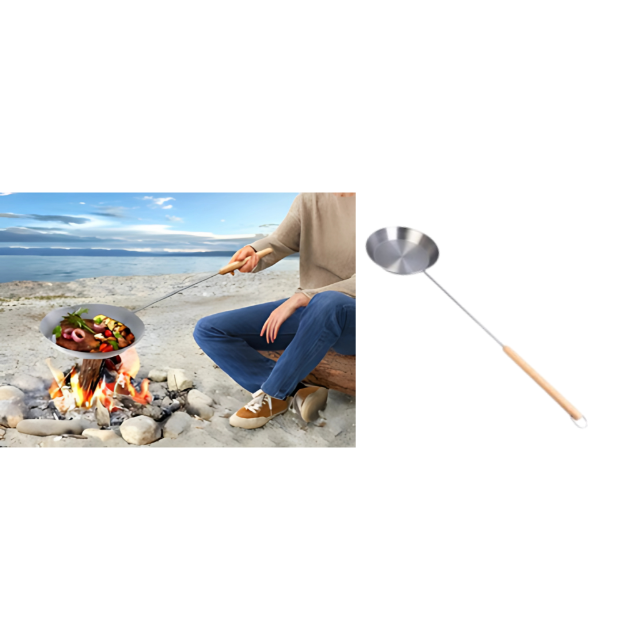 Grill-Pfanne Bratpfanne Grillpfanne mit langem Griff Holzgriff Pfanne mit Stiel Camping Lagerfeuer Feuerstelle Outdoor Restposten