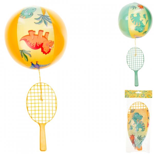 Tennisschläger mit Ball auf Gummiband dino 24 cm 2 assorti