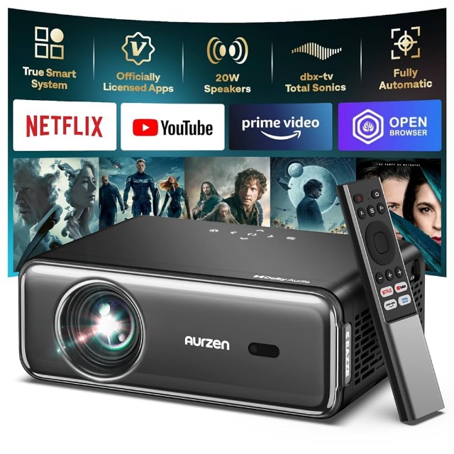 Aurzen Smart Beamer mit DoIby Audio ＆ 4K Unterstützung, Projektor Full HD 1080P