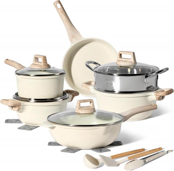 Just Perfecto JL-779: 15-teiliges Kochgeschirr-Set aus Granit mit Dampfgarer ? Beige