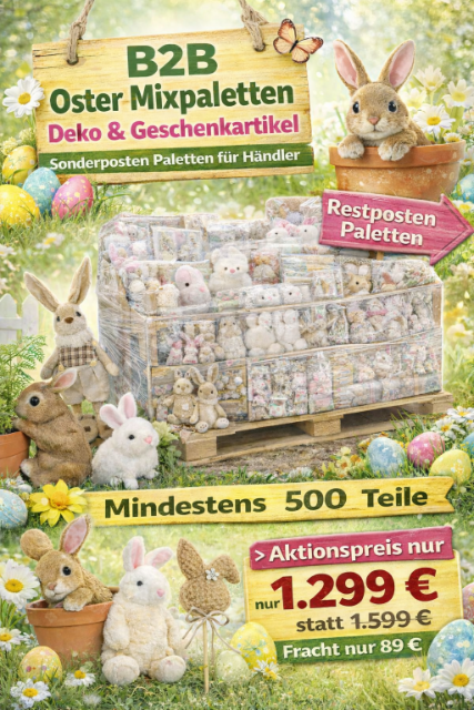 B2B, Ostern, Osterware, Osterdeko, Osterhasen, Geschenkartikel, Dekoartikel, Mixpaletten, Sonderposten, Palettenware, Großhandel, Restposten
