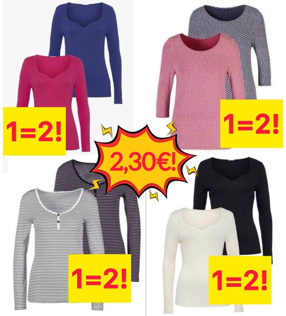 Ab 2,30 € 2 Damen T-Shirts pro Packung aus deutschen Katalogen Größen 38–56 neu mit 3/4-Ärmeln sofort versandbereit ab Lager