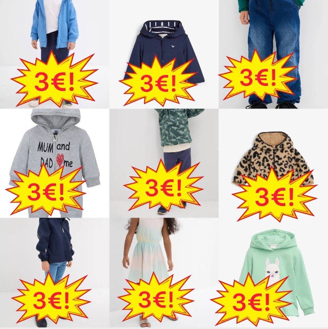 3,00 € Kinderbekleidung Mix Kategorie A neue Markenware Kleider Hosen Overalls Shorts Blusen Jeans Pyjamas Größen Baby bis Teenager Lagerwar