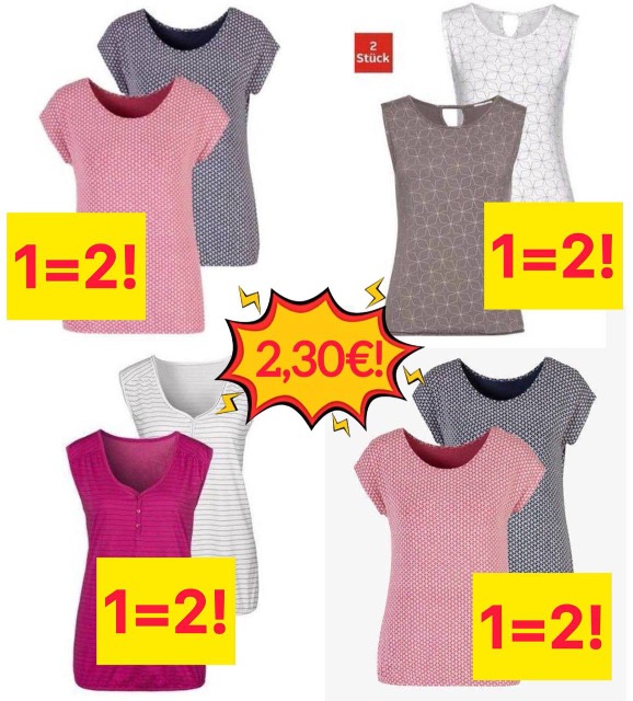 2,30 € Damen T-Shirts Set 2 Stück in einer Packung 3/4 Ärmel Größen 38–56 neu aus deutschen Katalogen Mindestbestellung 20 Packungen Lager D
