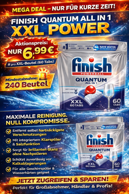 Finish Quantum All in 1 XXL Geschirrspültabs, 60 Tabs/Beutel, Komplettreiniger mit Klarspüler & Salzfunktion, Aktionsware Restposten, Mindes